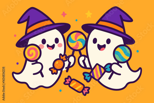 Halloween coloring book for kids featuring cute ghosts wearing witch hats in outline doodle cartoon illustration