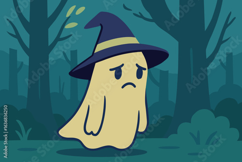 A melancholy specter donning a witch's hat adorned with a pink bow and wrapped in a scarf is positioned in a haunting woodland filled with bare trees and grass