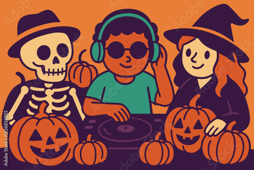 Halloween cartoon characters featuring skeletons, pumpkin kids, a witch, and a disc jockey set against a white background