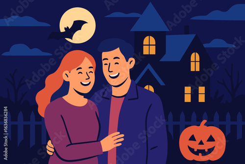 Kids in costumes go door-to-door asking for candy on a dark evening beside a spooky mansion