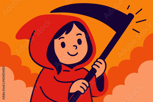 Adorable anime style little girl grim reaper halloween costume art design red entertaining hood death kid picture kawaii spooky creepy