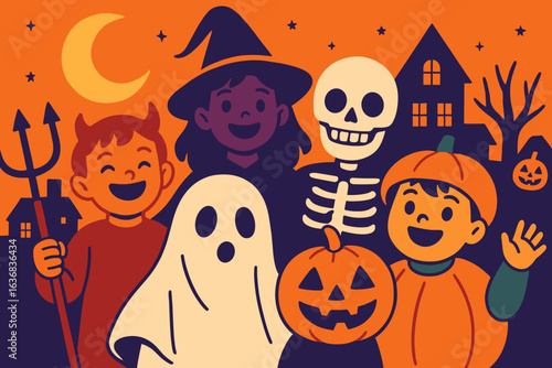 Vibrant Halloween artwork featuring kids dressed up, pumpkins, and a cheerful Happy Halloween greeting