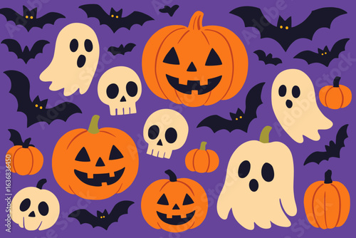 Vector seamless pattern featuring a humorous Halloween texture with bats, spiders, and pumpkins