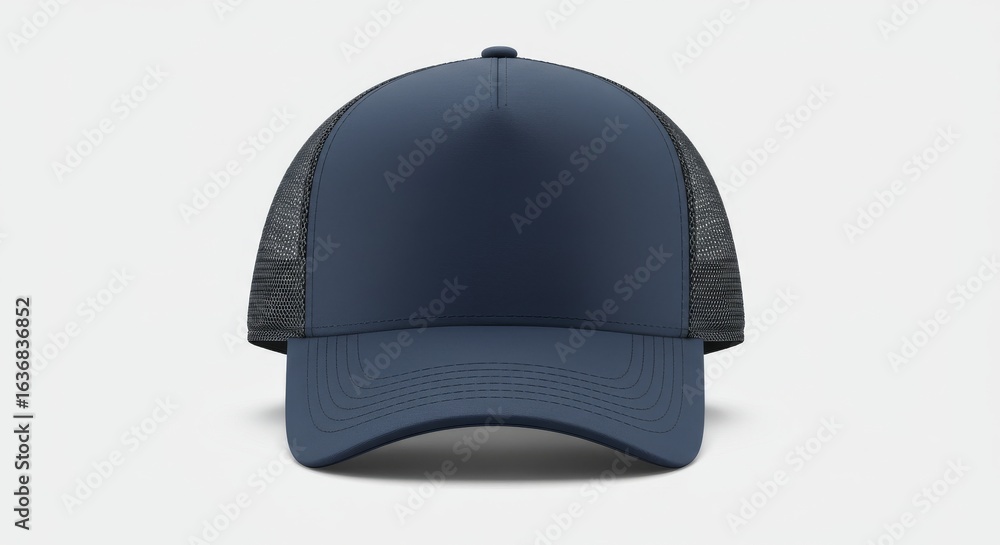 Fototapeta premium Front view of a blank navy blue trucker hat with a black mesh back, isolated on a white background.