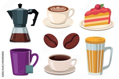 Collection of coffee drinks and dessert items for breakfast or cafe