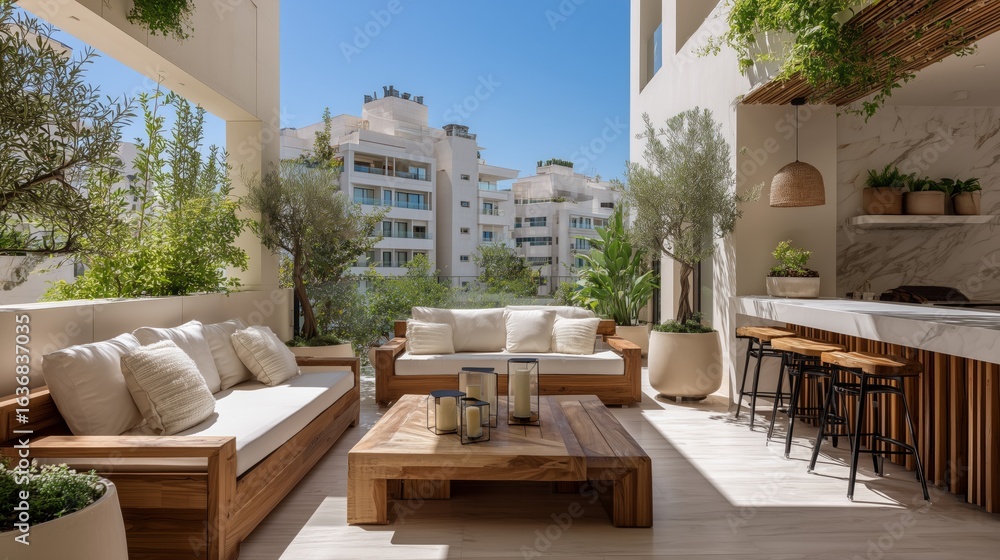 Fototapeta premium cozy boho terrace with marble bar, outdoor kitchen, and modern villa view