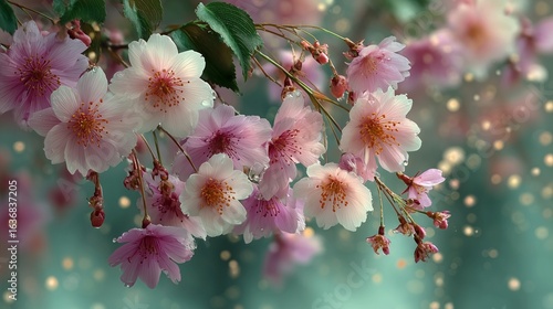 poetic spring scene with cascading pink blossoms and golden light specks