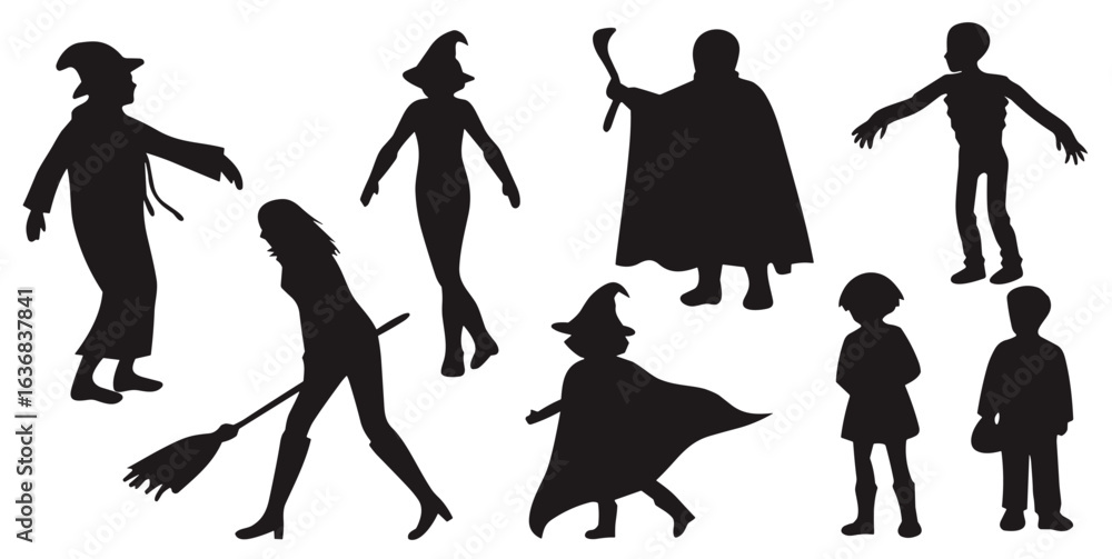 Fototapeta premium Silhouette of various character in Halloween costume. Featuring witch, wizard, and others ready for Trick or Treating. 