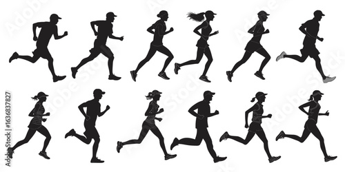 A group of runners silhouetted against a backdrop, showcasing speed and motion. The athletes appear focused and determined as they engage in a running activity