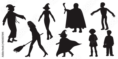 Silhouette of various character in Halloween costume. Featuring witch, wizard, and others ready for Trick or Treating.  