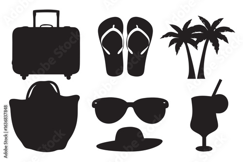 Vacation essentials, a collection of travel items silhouettes, perfect for summer getaway