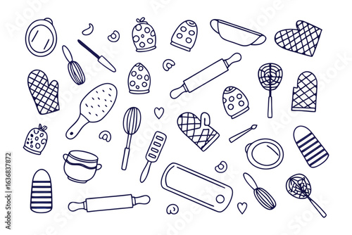 Essential Culinary Collection: A clean, well-organized illustration showcases an array of kitchen tools, essential for any home baker, highlighting culinary artistry and delicious creations.