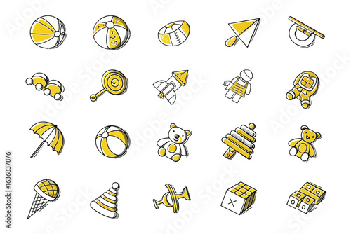 Collection of Playful Icons: A curated set of whimsical, illustrative icons, rendered in a charming, minimalist style, each depicting a different toy. A versatile resource for design projects. 