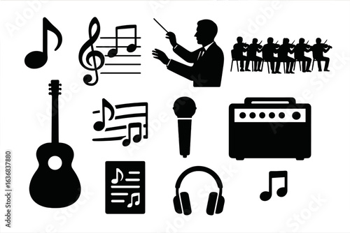 Music icons set: musical instrument, conductor, musical notes and other music related items. Create a music theme project design assets
