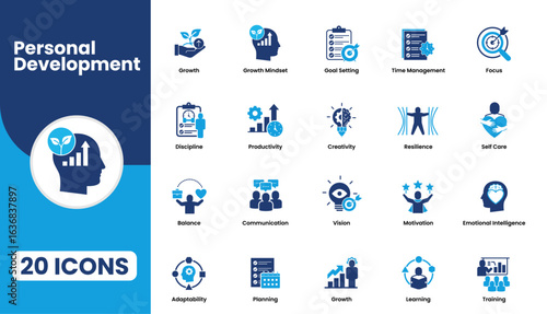 Personal Development Icon Set. Featuring Goal Setting, Growth, Time Management, Motivation, Emotional Intelligence, Productivity, Self-Care, and More. Vector Icons