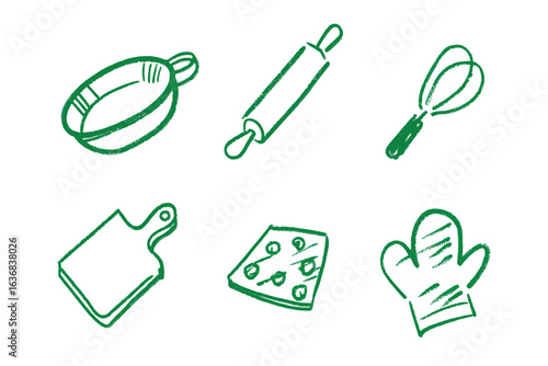 Kitchen Essentials in Green: A set of charming, hand-drawn icons showcases essential culinary tools, perfect for adding a touch of whimsy to any cooking-themed project.