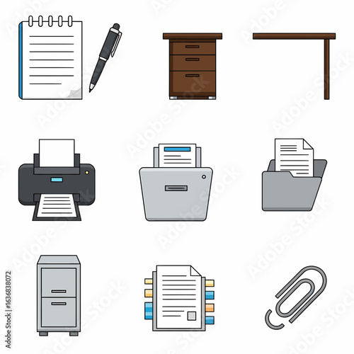 A collection of flat design icons representing office supplies and equipment, including a notepad, pen, filing cabinet, desk, printer, fax machine, document folder, and paperclip.
