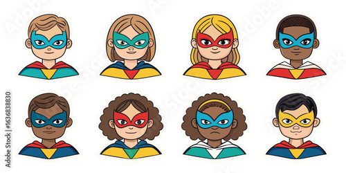 A group of diverse children dressed as superheroes, ready to save the day with vibrant costumes and determined expressions. 