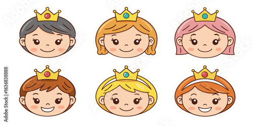 Cute cartoon princess faces with golden crowns