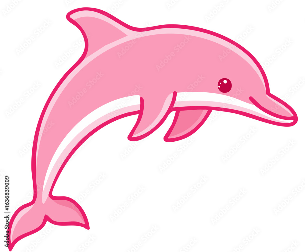 Fototapeta premium Cartoon Pink Dolphin leaping joyfully. Cute aquatic mammal illustration in bright, playful colors.