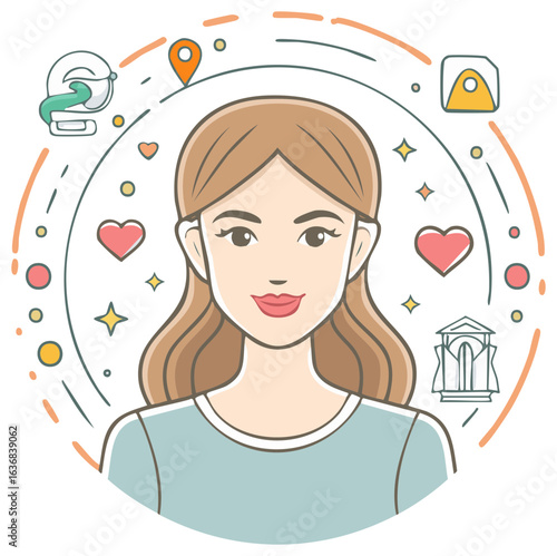 Smiling Woman Surrounded by Icons Representing Travel Memories and Social Media