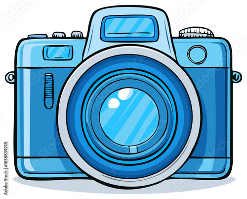 Blue retro photo camera vector illustration in a classic cartoon comic book style