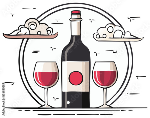 Wine bottle and glasses with clouds, illustration in cartoon style