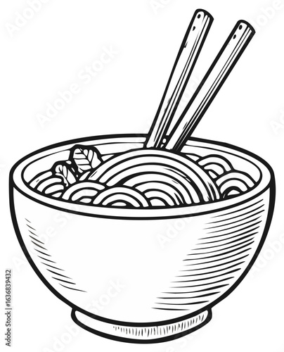 Hand drawn illustration of a bowl of noodles with chopsticks and fresh greens