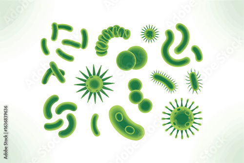 Collection of various green bacteria and microorganisms on a white background