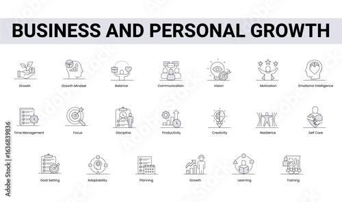 Business and Personal Growth Icon Set. Featuring Goal Setting, Resilience, Creativity, Time Management, Communication, Emotional Intelligence. Vector icon set.