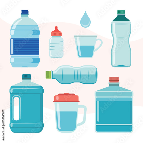 Collection of various plastic water bottles and cups with water