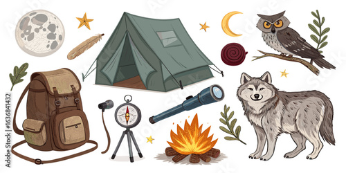 Camping elements isolated with an owl and wolf, outdoors and wildlife concept