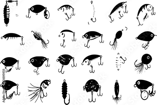 Fishing bait. Fish lure with hook flat icons isolated on white background. Vector illustration
