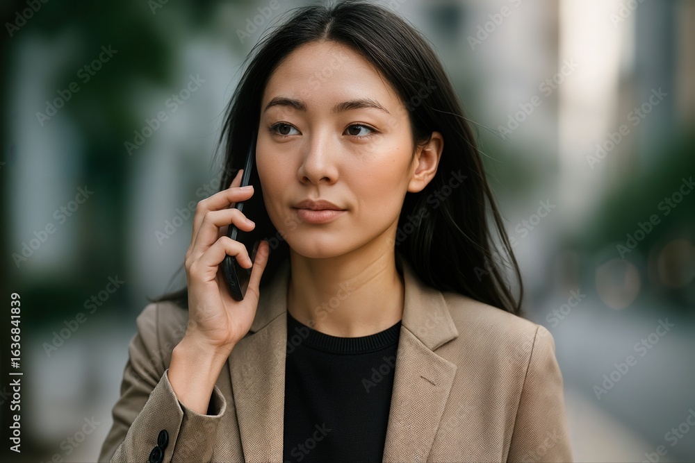 Asian Businesswoman Walking Outdoors While Talking on Phone in Urban Setting Asian Businesswoman Walking Outdoors While Talking on Phone in Urban Setting
