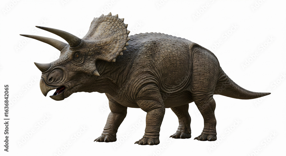 Fototapeta premium Extinct triceratops with realistic skin texture and body details, isolated on white background.