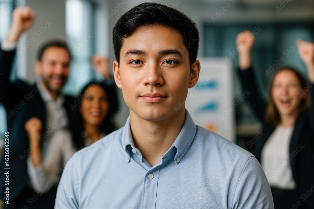 Obraz premium Confident Business Intern Celebrates Project Success in Office Setting With Team