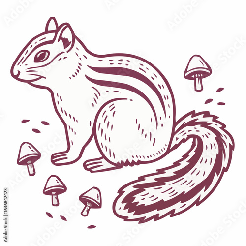 Squirrel sitting among mushrooms in a playful illustration style  