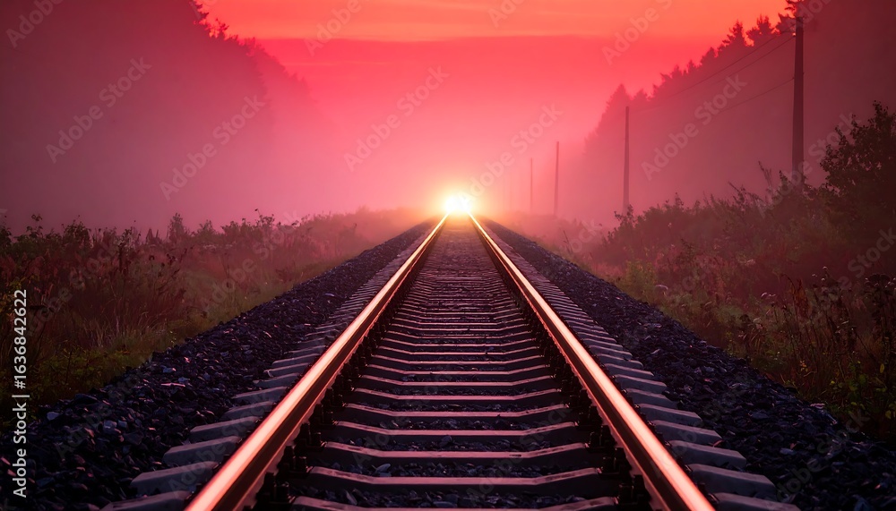 Fototapeta premium Train Tracks Leading to Bright Light at Sunset, Railroad Perspective