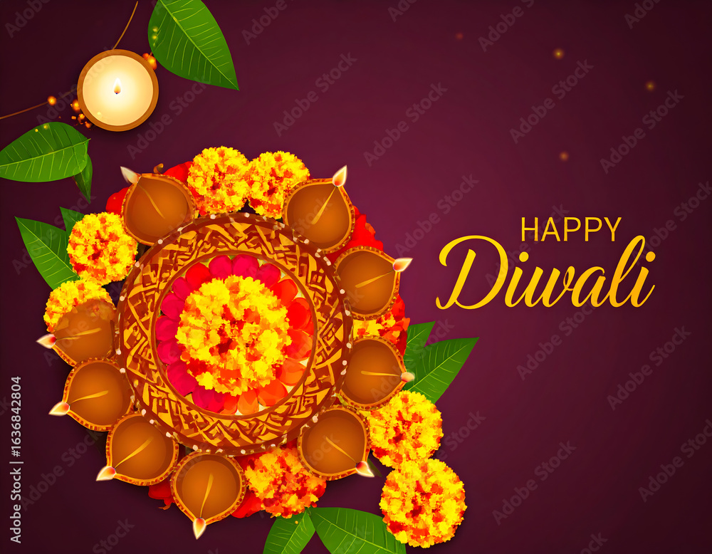 Obraz premium Diwali Celebration with Lights and Blooms: A festive design featuring traditional lamps surrounded by marigold blooms, all set against a backdrop of rich burgundy.