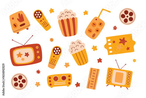 Cinema Night Delights: This charming collection showcases all the essential elements of a cozy movie night, presenting a colorful assortment of movie-related icons.