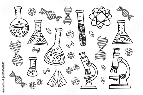 Science Doodle: A black and white illustrative scene of essential scientific tools and elements arranged.