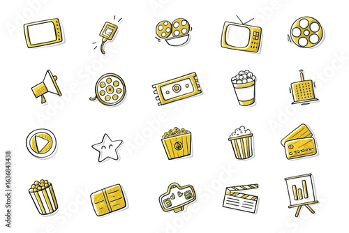 Cinema Elements Collection: An artistic and hand-drawn collage of cinema elements. This image captures the fun and excitement of a movie night!