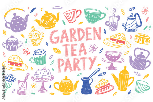 Garden Tea Party Hand Drawn Doodle Vector Illustration
