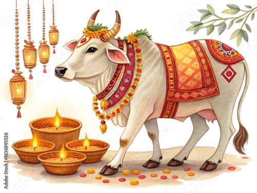 Decorated cow with oil lamps and festive ornaments