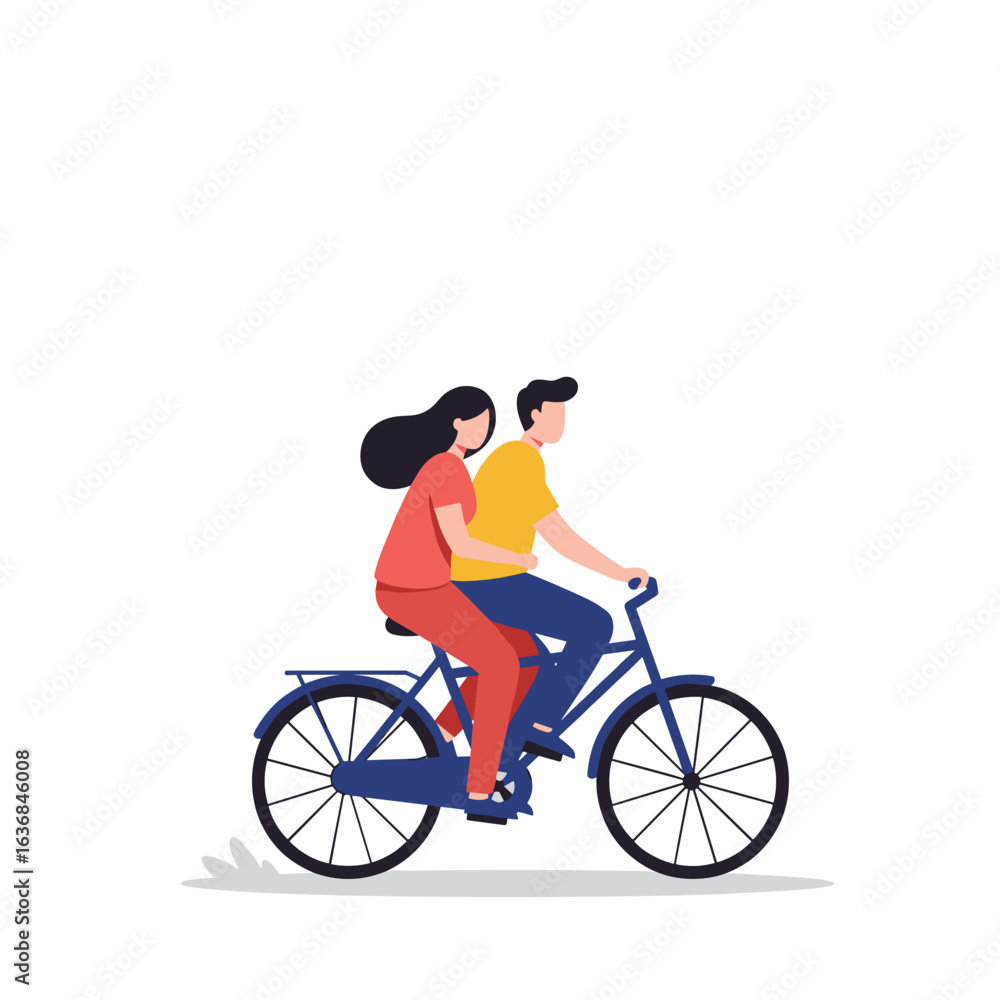 Fototapeta premium Young couple riding bicycle together on white background 