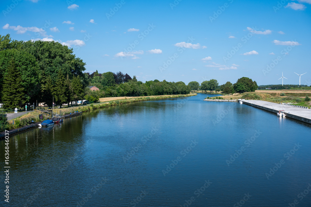 Fototapeta premium High angle view over the canal du centre in Manage, Hainaut, Belgium