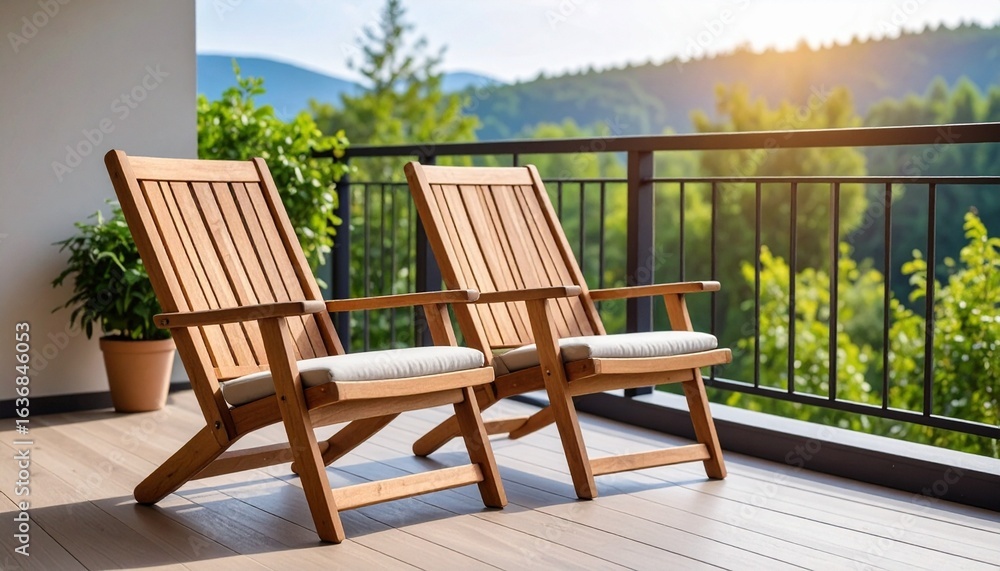 Scenic mountain-view patio with cushioned wooden chairs and potted plants on a sunlit deck. Scenic mountain-view patio with cushioned wooden chairs and potted plants on a sunlit deck.
