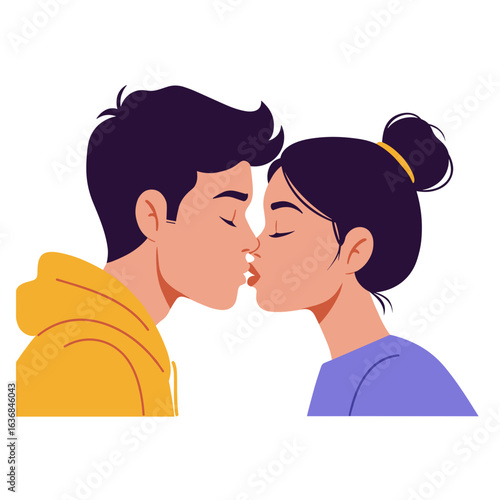Young couple kissing, sharing an intimate moment with love   Teenagers’ first kiss