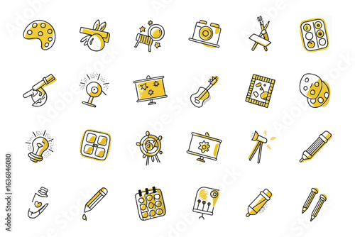 Art and Creativity Essentials: A vibrant collection of hand-drawn icons representing the essence of art and creative expression, perfect for visual storytelling and design projects.