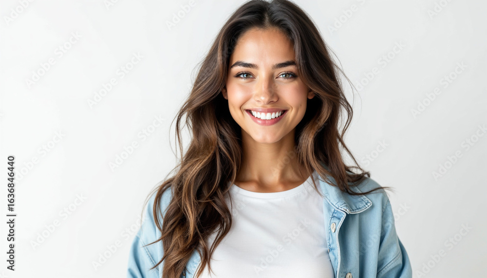 Portrait of a sweet woman with warm smile, radiant skin, denim jacket, on white background.
Portrait of a sweet woman with warm smile, radiant skin, denim jacket, on white background.